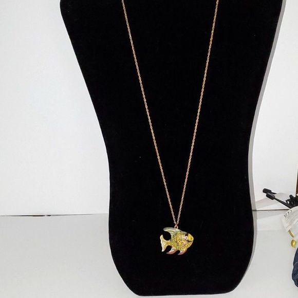 A Genuine Cloisonne Fish Pendant Necklace Tropical Costume Jewelry Gold Tone - Picture 1 of 11